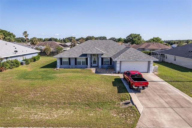 5920 SW 88th Pl, Ocala, FL 34476 - ranch-style home featuring a front lawn, a garage, concrete driveway, a shingled roof, and a residential view