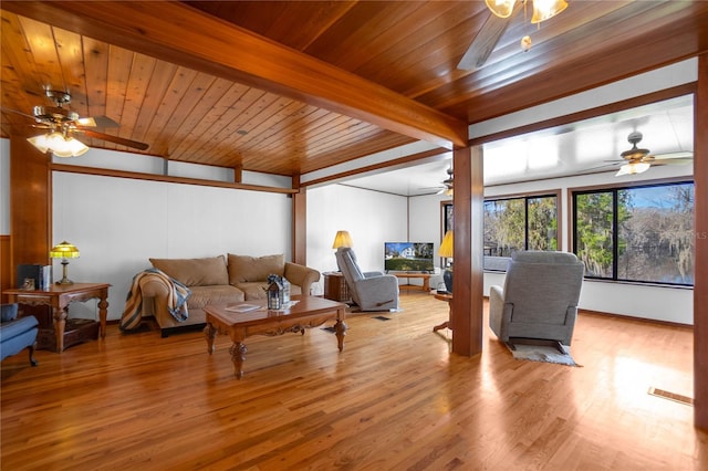 6620 S Merleing Loop, Floral City, FL 34436 - living area featuring ceiling fan, beam ceiling, wood finished floors, and wood ceiling