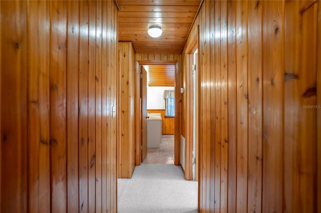 6620 S Merleing Loop, Floral City, FL 34436 - hall featuring wooden walls, light colored carpet, and wooden ceiling