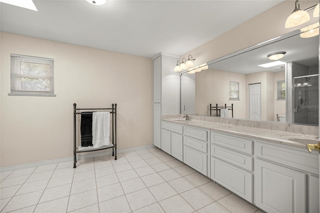 20861 SW 81st Loop, Dunnellon, FL 34431 - full bath with a stall shower, double vanity, baseboards, and healthy amount of natural light