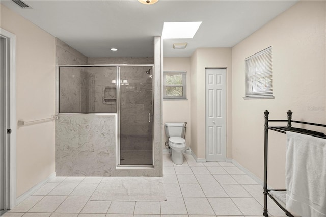 20861 SW 81st Loop, Dunnellon, FL 34431 - bathroom with toilet, tile patterned flooring, a shower stall, baseboards, and a skylight