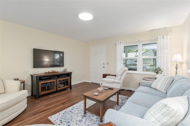 living room featuring wood finished floors and baseboards
