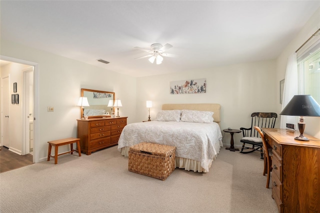 bedroom featuring carpet flooring, a ceiling fan, and baseboards