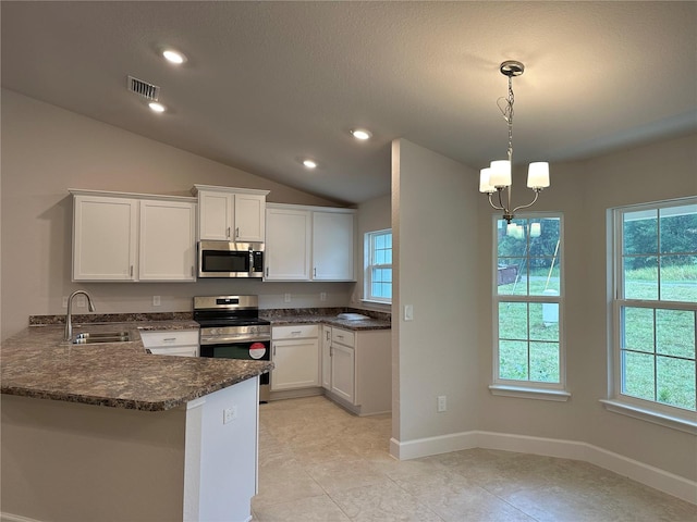 kitchen with stainless steel appliances, a sink, plenty of natural light, a chandelier, and vaulted ceiling