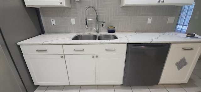 3891 N Grapefern Way, Beverly Hills, FL 34465 - kitchen with dishwasher, a sink, decorative backsplash, white cabinets, and light tile patterned flooring