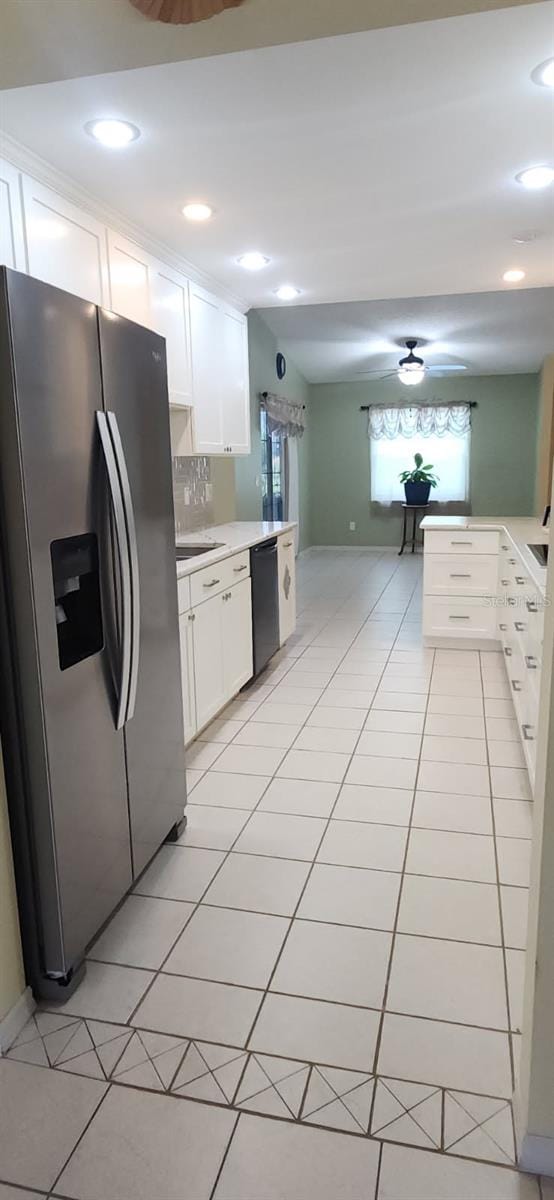 3891 N Grapefern Way, Beverly Hills, FL 34465 - kitchen with stainless steel refrigerator with ice dispenser, dishwasher, light tile patterned floors, white cabinets, and recessed lighting
