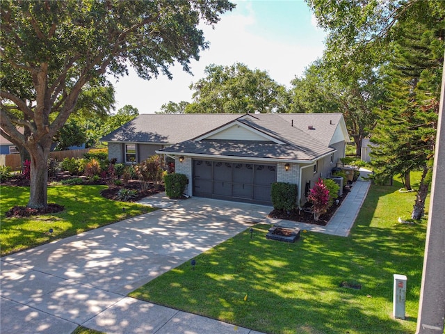 ranch-style house featuring an attached garage, concrete driveway, brick siding, and roof with shingles