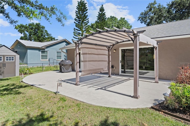 view of patio featuring a pergola, a shed, an outdoor structure, and a grill