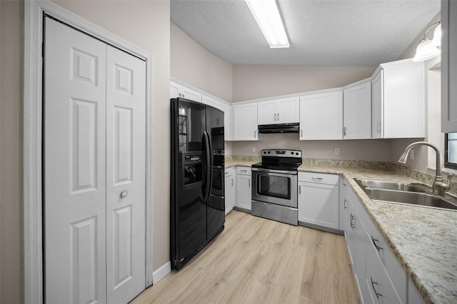 23 Larch Crse, Ocala, FL 34480 - kitchen featuring black refrigerator with ice dispenser, stainless steel electric stove, a sink, lofted ceiling, and a textured ceiling