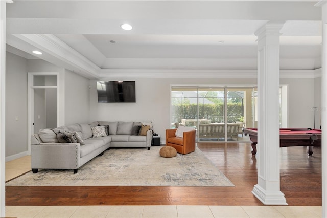 living area with ornamental molding, wood finished floors, decorative columns, pool table, and recessed lighting