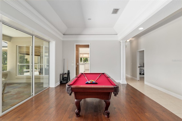 playroom featuring decorative columns, billiards table, wood-type flooring, a tray ceiling, and recessed lighting
