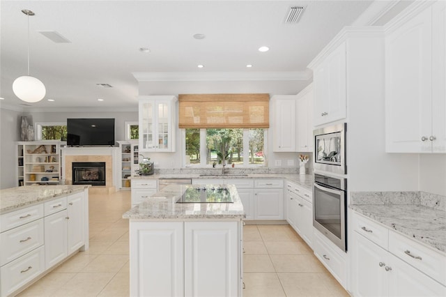 kitchen featuring stainless steel appliances, a sink, healthy amount of natural light, ornamental molding, and a fireplace with raised hearth