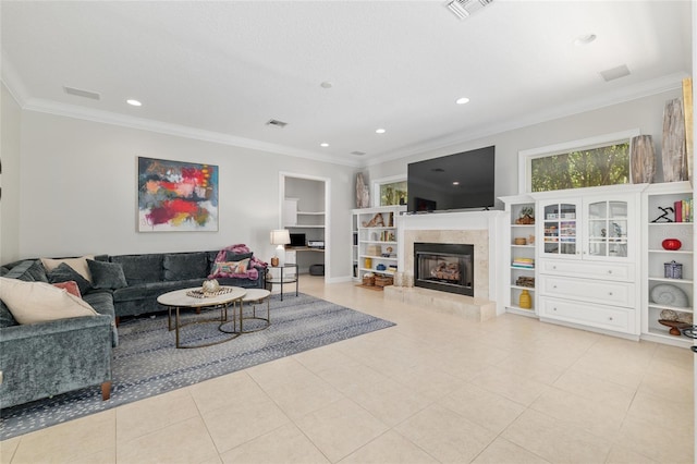 tiled living room with a premium fireplace, crown molding, and recessed lighting