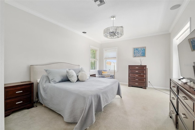 bedroom featuring crown molding, light carpet, baseboards, and a chandelier