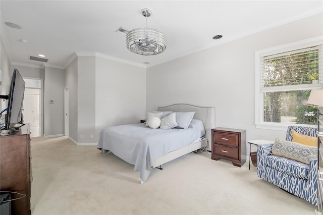 bedroom featuring light colored carpet, crown molding, baseboards, a chandelier, and recessed lighting