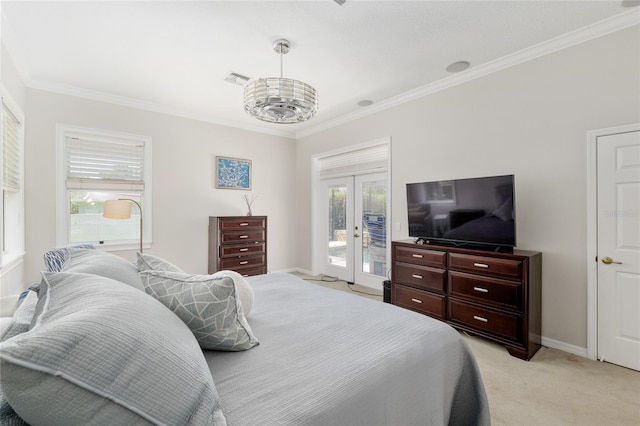 bedroom featuring access to exterior, french doors, ornamental molding, light colored carpet, and multiple windows