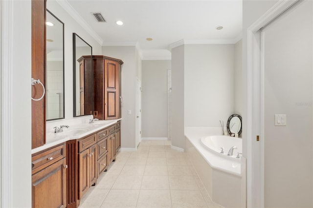 full bathroom with a garden tub, ornamental molding, tile patterned floors, double vanity, and baseboards