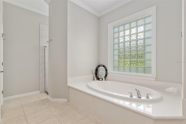 full bathroom with a garden tub, ornamental molding, a shower with shower door, and tile patterned flooring