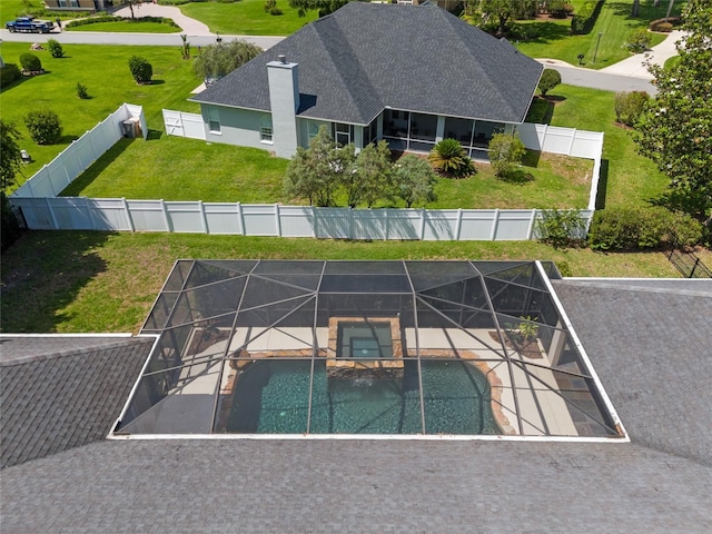 view from above of property featuring a pool