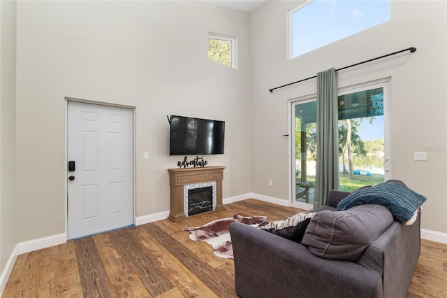754 SE 167th Court Rd, Silver Springs, FL 34488 - living room with a towering ceiling, wood finished floors, baseboards, and a high end fireplace