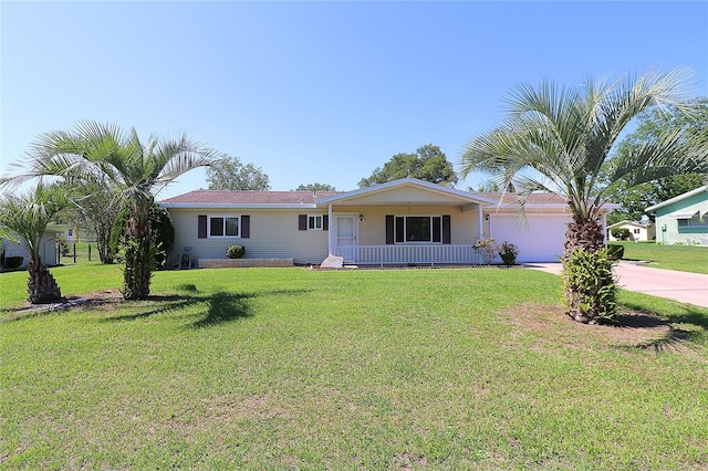 6472 SW 106th Pl, Ocala, FL 34476 - ranch-style house featuring covered porch, concrete driveway, a front yard, and an attached garage