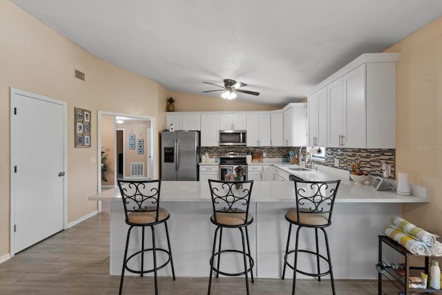 729 Sinclair Ter, Inverness, FL 34450 - kitchen featuring appliances with stainless steel finishes, a peninsula, tasteful backsplash, lofted ceiling, and a sink
