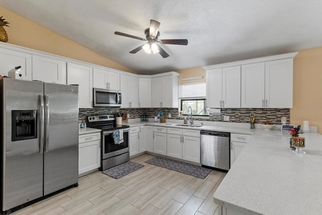 729 Sinclair Ter, Inverness, FL 34450 - kitchen featuring appliances with stainless steel finishes, a sink, a ceiling fan, lofted ceiling, and tasteful backsplash