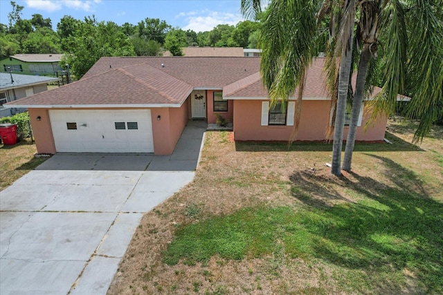 729 Sinclair Ter, Inverness, FL 34450 - ranch-style house with an attached garage, driveway, stucco siding, a front lawn, and roof with shingles