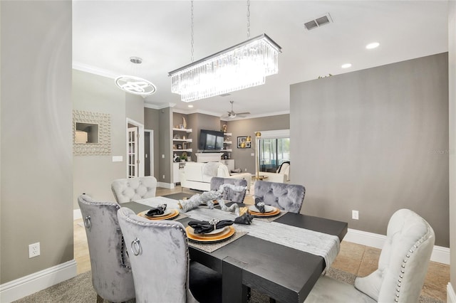 3612 SE 47th Ter, Ocala, FL 34480 - dining space featuring ornamental molding, a chandelier, baseboards, recessed lighting, and a ceiling fan