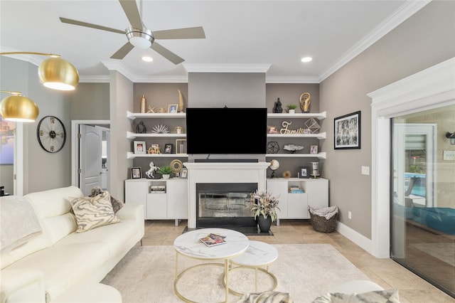 3612 SE 47th Ter, Ocala, FL 34480 - living area featuring crown molding, ceiling fan, a fireplace with flush hearth, recessed lighting, and baseboards