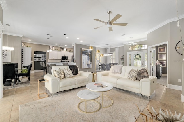 3612 SE 47th Ter, Ocala, FL 34480 - living room featuring ceiling fan, recessed lighting, light tile patterned floors, baseboards, and crown molding