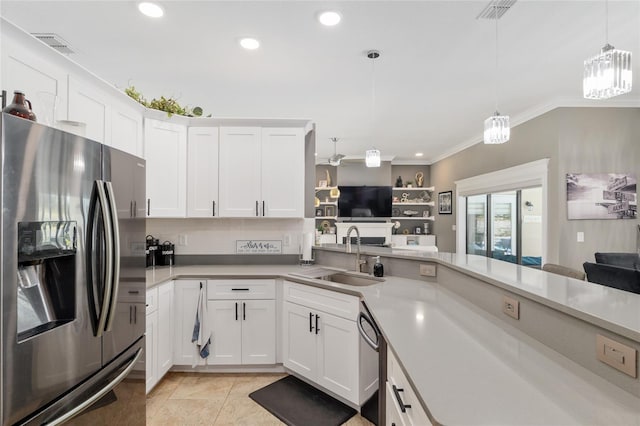 3612 SE 47th Ter, Ocala, FL 34480 - kitchen with stainless steel refrigerator with ice dispenser, a sink, open floor plan, crown molding, and light countertops