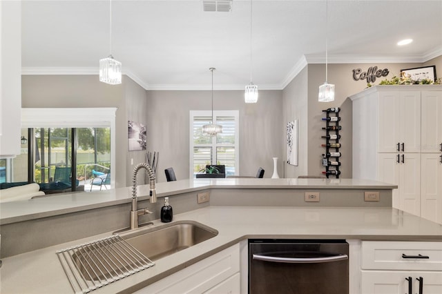 3612 SE 47th Ter, Ocala, FL 34480 - kitchen with dishwasher, a sink, light countertops, white cabinetry, and crown molding