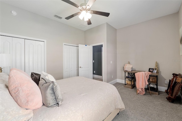 3612 SE 47th Ter, Ocala, FL 34480 - bedroom featuring carpet, multiple closets, baseboards, and a ceiling fan