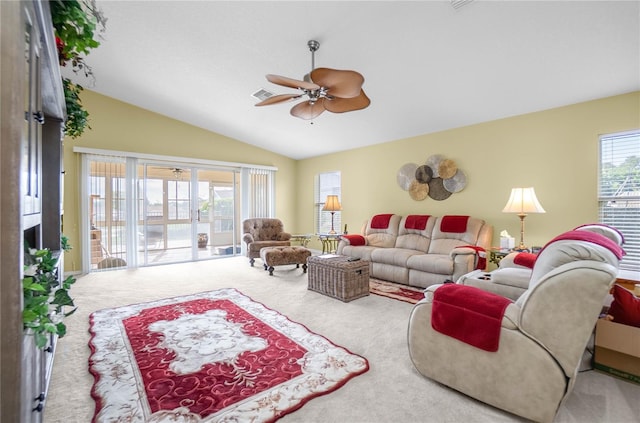 4692 N Lake Vista Trl, Hernando, FL 34442 - carpeted living area featuring a ceiling fan and lofted ceiling