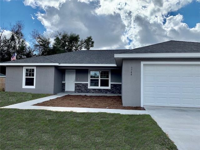 3684 W Fountain Ln, Citrus Springs, FL 34433 - ranch-style home with stucco siding, stone siding, a front yard, an attached garage, and concrete driveway