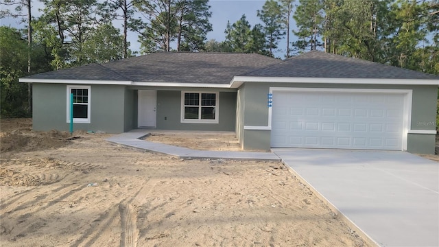3684 W Fountain Ln, Citrus Springs, FL 34433 - ranch-style house featuring stucco siding, a garage, driveway, and a shingled roof