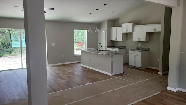 3684 W Fountain Ln, Citrus Springs, FL 34433 - kitchen featuring a center island with sink, white cabinetry, a sink, wood finished floors, and vaulted ceiling
