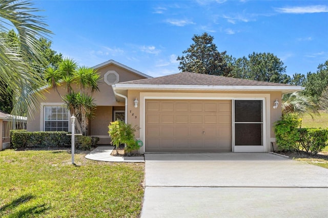 785 W Toucan Loop, Hernando, FL 34442 - ranch-style house with stucco siding, concrete driveway, a front yard, and a garage