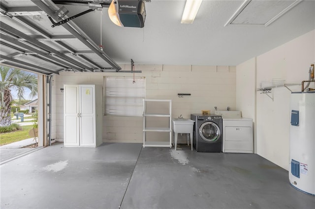 785 W Toucan Loop, Hernando, FL 34442 - garage featuring washer and dryer, water heater, a garage door opener, and concrete block wall