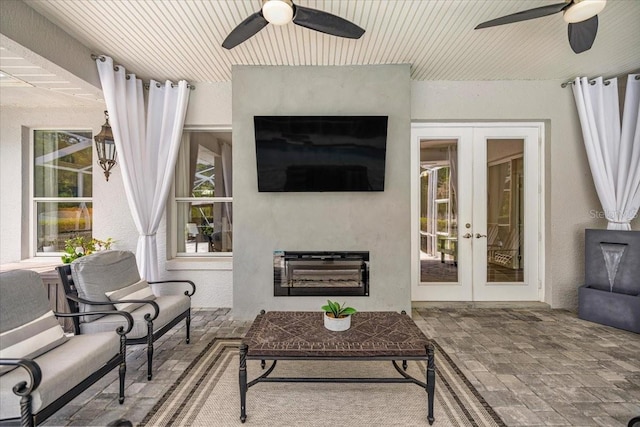 1107 SE 49th Ave, Ocala, FL 34471 - living room featuring ceiling fan, french doors, and wood ceiling