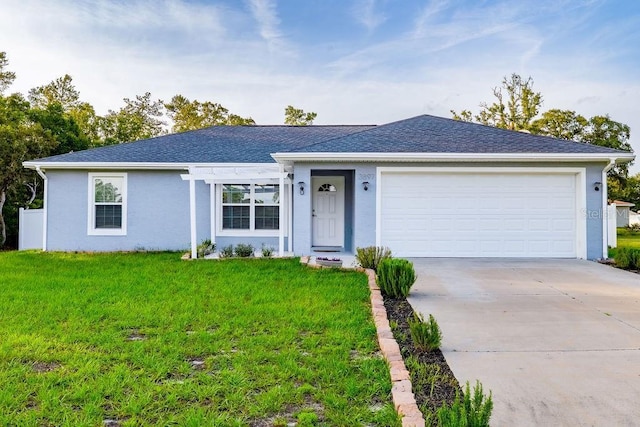 3897 SW 169th Lane Rd, Ocala, FL 34473 - ranch-style house featuring a front yard, driveway, an attached garage, stucco siding, and roof with shingles