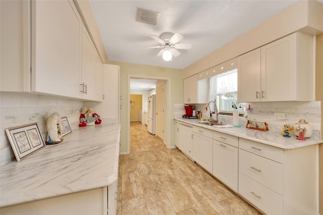 66 S Desoto St, Beverly Hills, FL 34465 - kitchen with a sink, ceiling fan, tasteful backsplash, and white cabinets