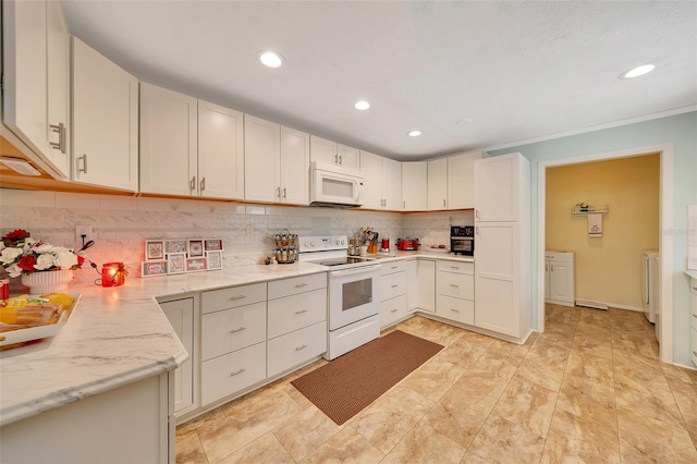 66 S Desoto St, Beverly Hills, FL 34465 - kitchen with white appliances, tasteful backsplash, recessed lighting, and washing machine and clothes dryer