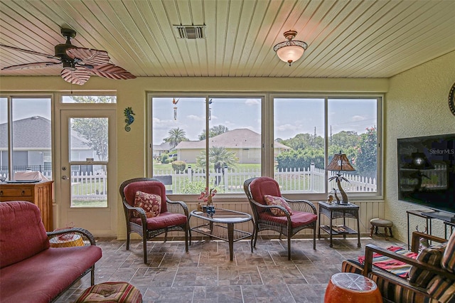 14004 SE 94th Ave, Summerfield, FL 34491 - sunroom / solarium featuring stone finish floors, healthy amount of natural light, wood ceiling, and a textured wall