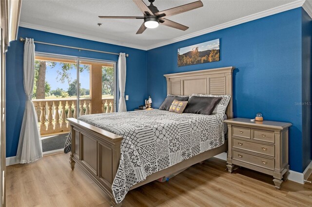 4450 E Windmill Dr Unit 101, Inverness, FL 34453 - bedroom with access to outside, light wood finished floors, ornamental molding, a ceiling fan, and baseboards