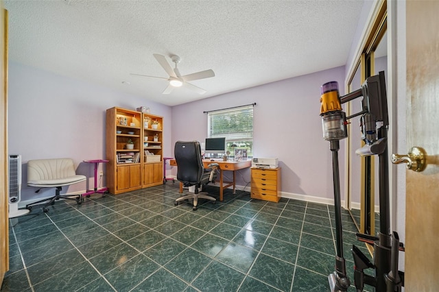 451 E Ireland Ct, Hernando, FL 34442 - office area with ceiling fan, a textured ceiling, baseboards, and dark tile patterned floors