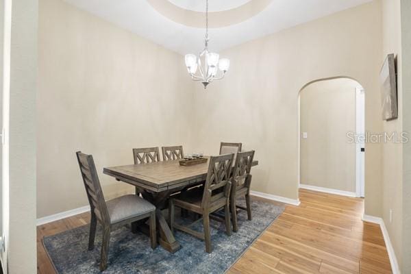 6235 SW 95th Pl, Ocala, FL 34476 - dining space with a chandelier, wood finished floors, arched walkways, and baseboards