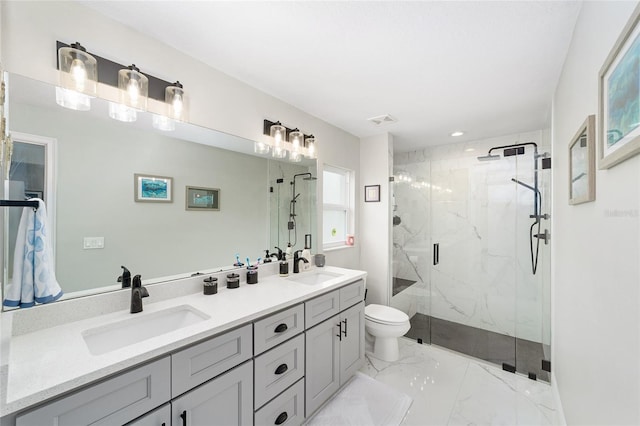 7442 SW 129th Ln, Ocala, FL 34473 - bathroom featuring marble finish flooring, a marble finish shower, double vanity, toilet, and recessed lighting