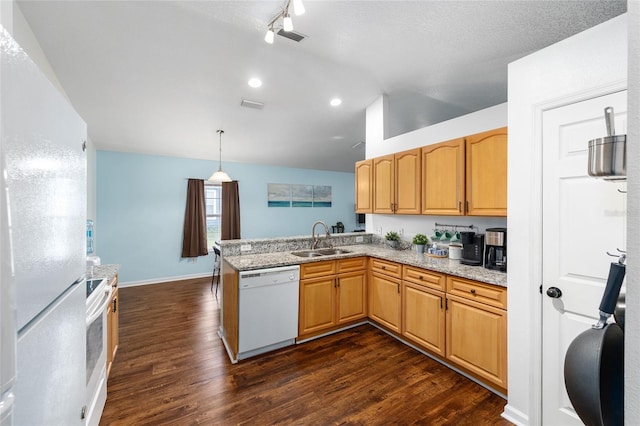 30 Bahia Trace Loop, Ocala, FL 34472 - kitchen with white appliances, a sink, dark wood-style flooring, a peninsula, and recessed lighting